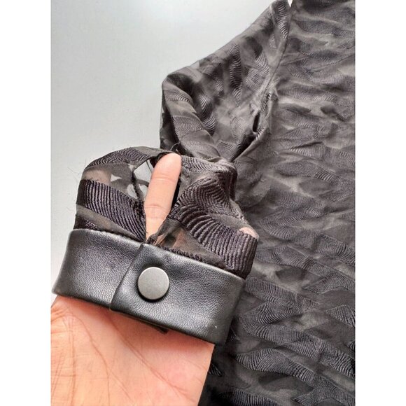 HELMUT LANG Black Sheer Silk Jacquard Leather Trim V-Neck Shirt Blouse, Size M - Picture 8 of 12